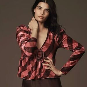 NWT Anthropology Velvet Plaid V Neck Babydoll Bow Long Sleeve Top Large